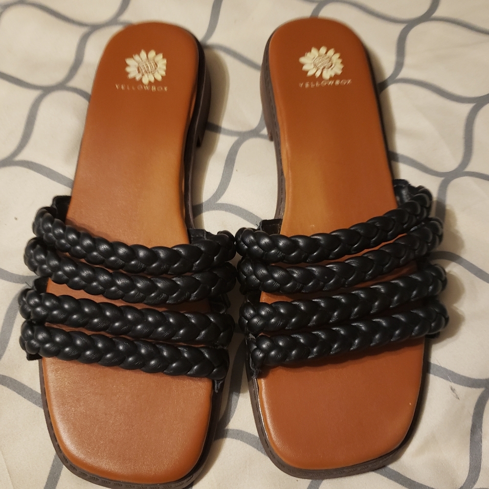 Yellow Box Black Braided Strap Slide Sandals